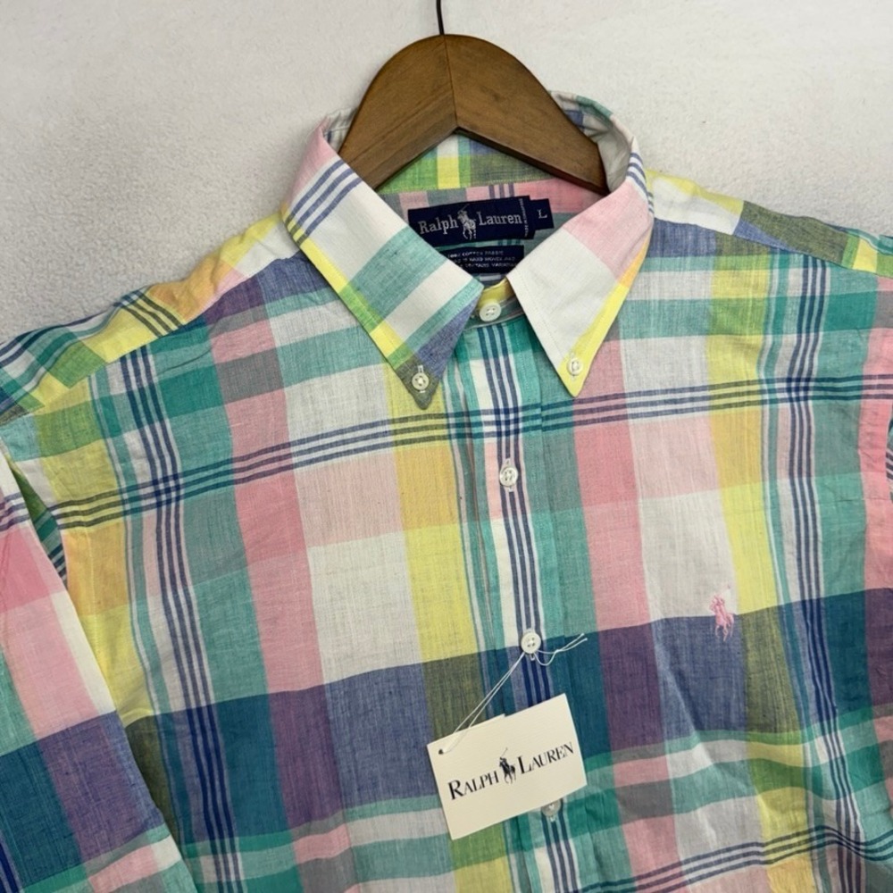 Vintage Ralph Lauren Shirt men's Large Colorful Madras Plaid Check Deadstock 90s